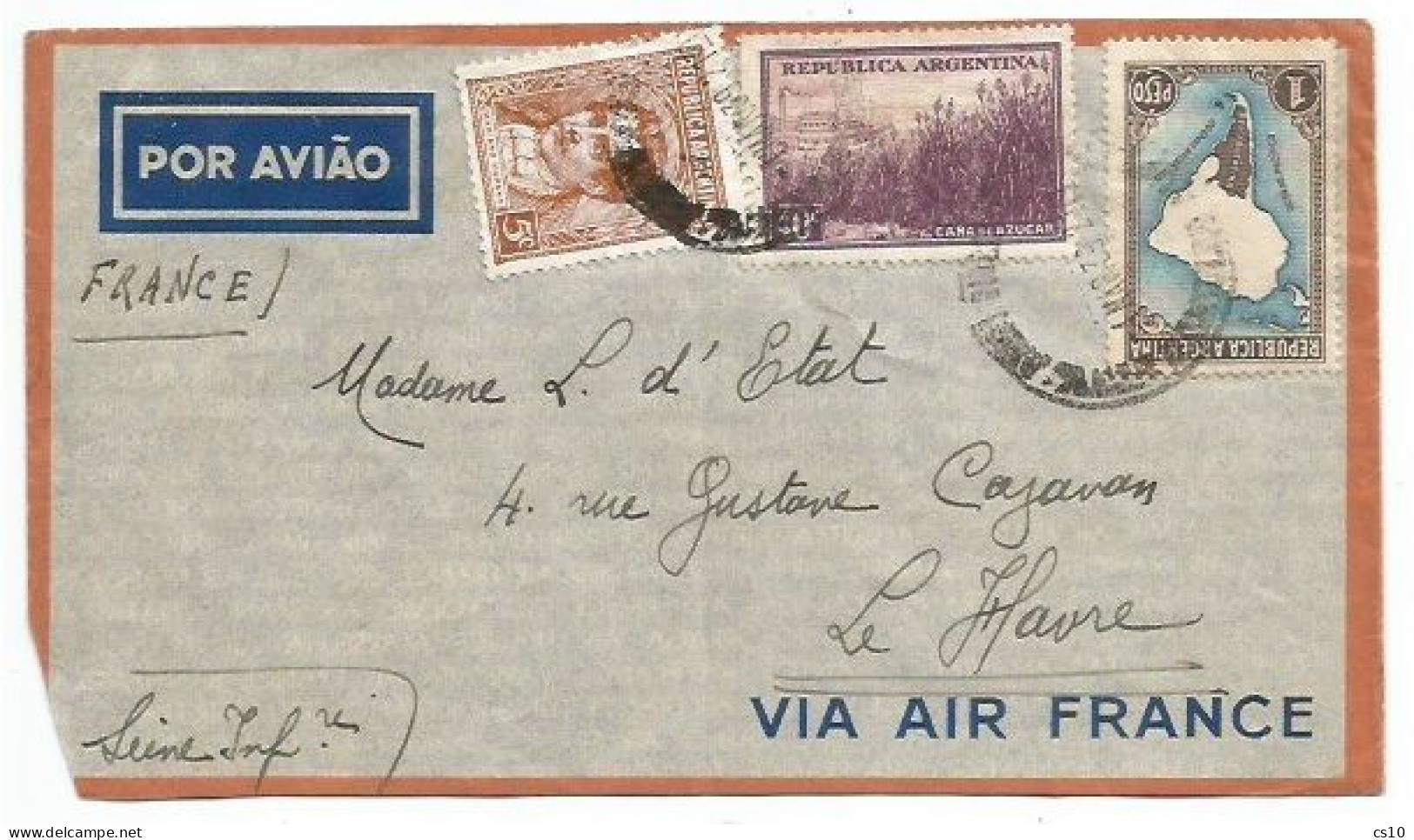 Argentina 1mar1939 VIA AIR FRANCE AirmailCV To Le Havre Wuith 3 Stamps - Lettres & Documents