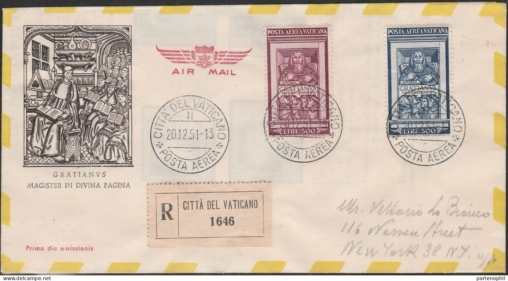 399 - Vatican 20.12.1951 - Decreto Del Monaco Graziano, N. A21/A21, Busta FDC, Raccomandata Per Via Aerea Diretta A New - Briefe U. Dokumente