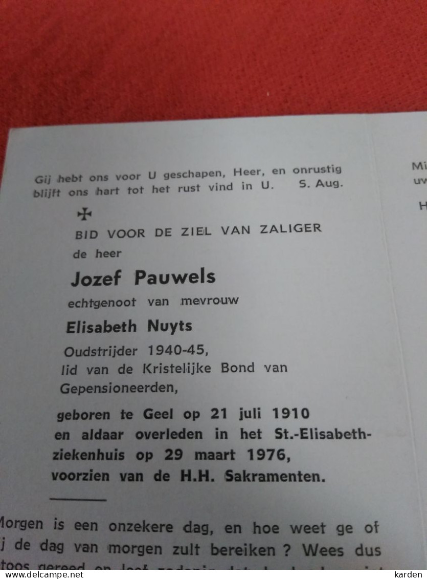Doodsprentje Jozef Pauwels / Geel 21/7/1910 - 29/3/1976 ( Elisabeth Nuyts ) - Religion & Esotérisme