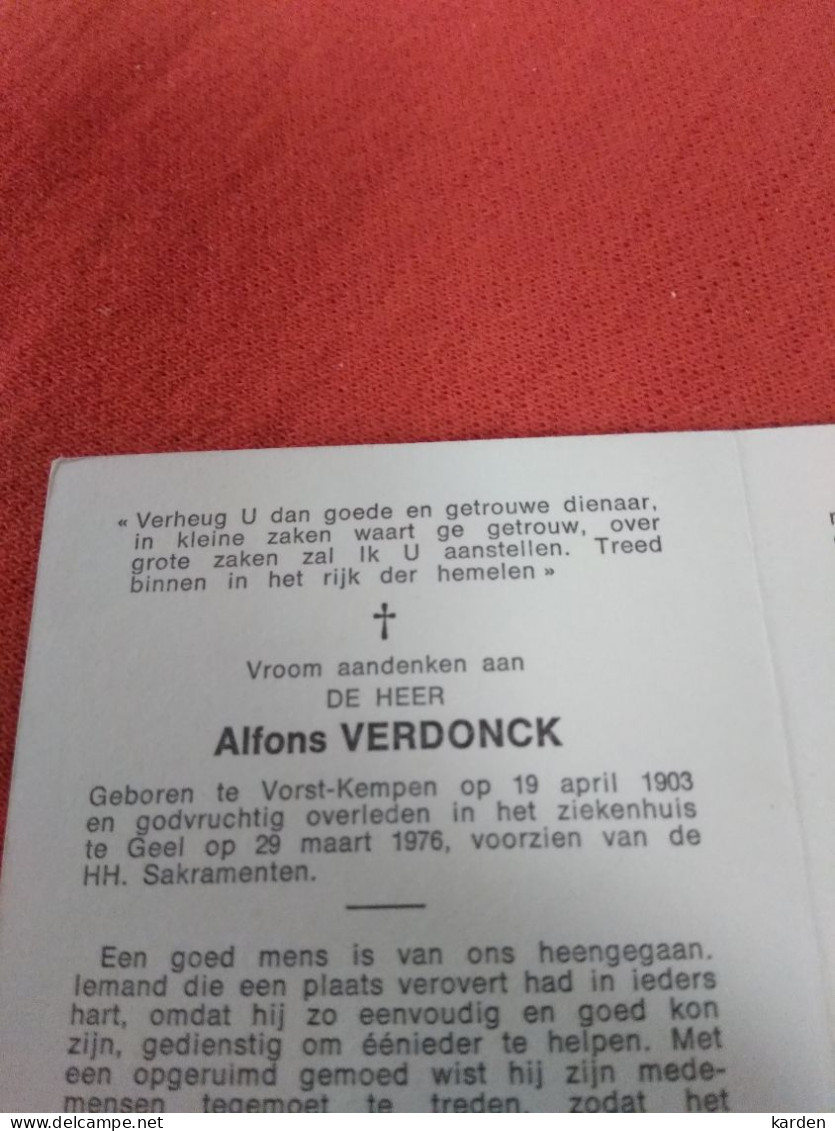 Doodsprentje Alfons Verdonck / Vorst Kempen 19/4/1903 Geel 29/3/1976 - Religion & Esotérisme