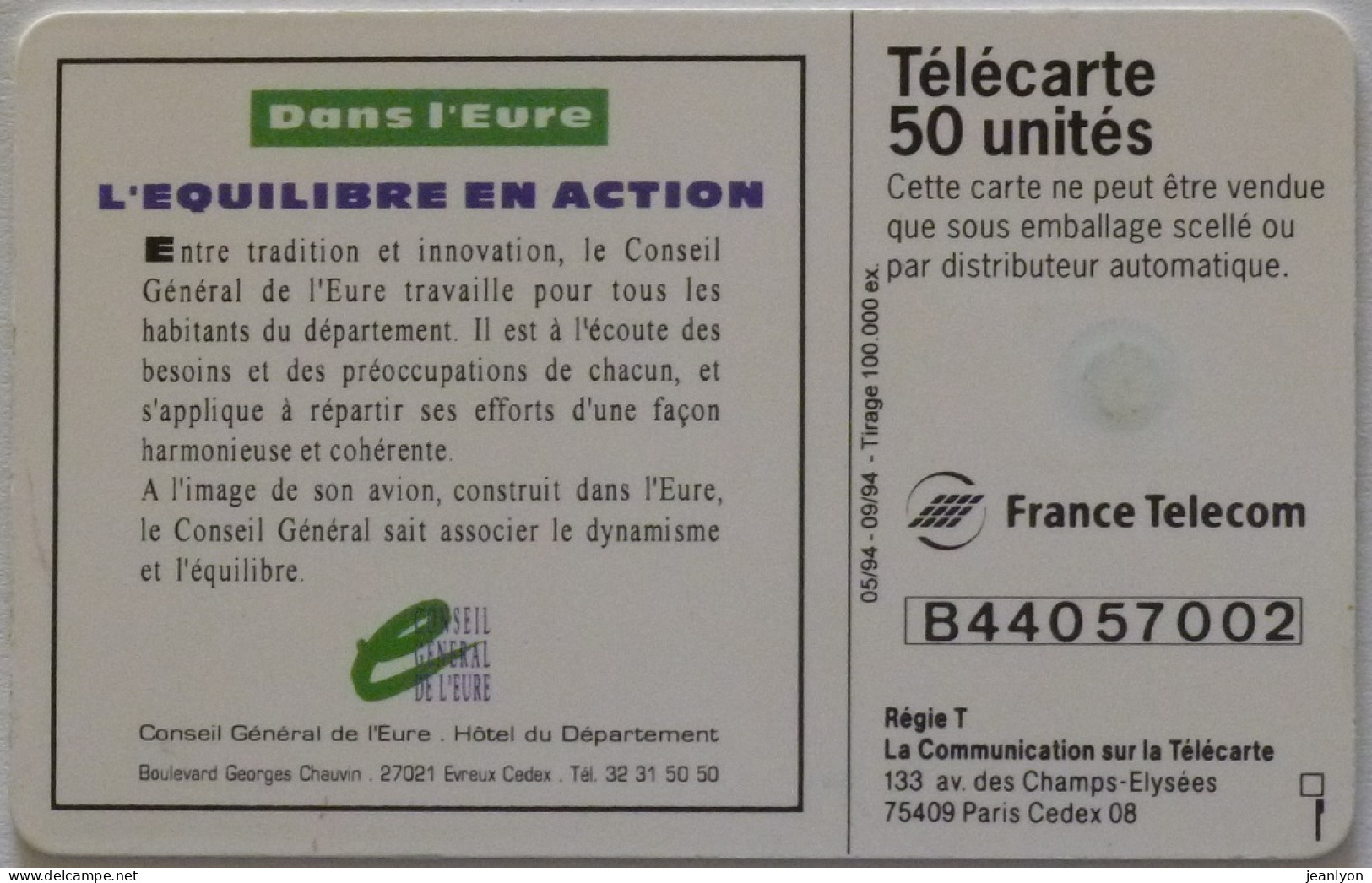 AVION En Vol / EQUILIBRE EN ACTION / CONSEIL GENERAL EURE - Télécarte 50 - Aviones