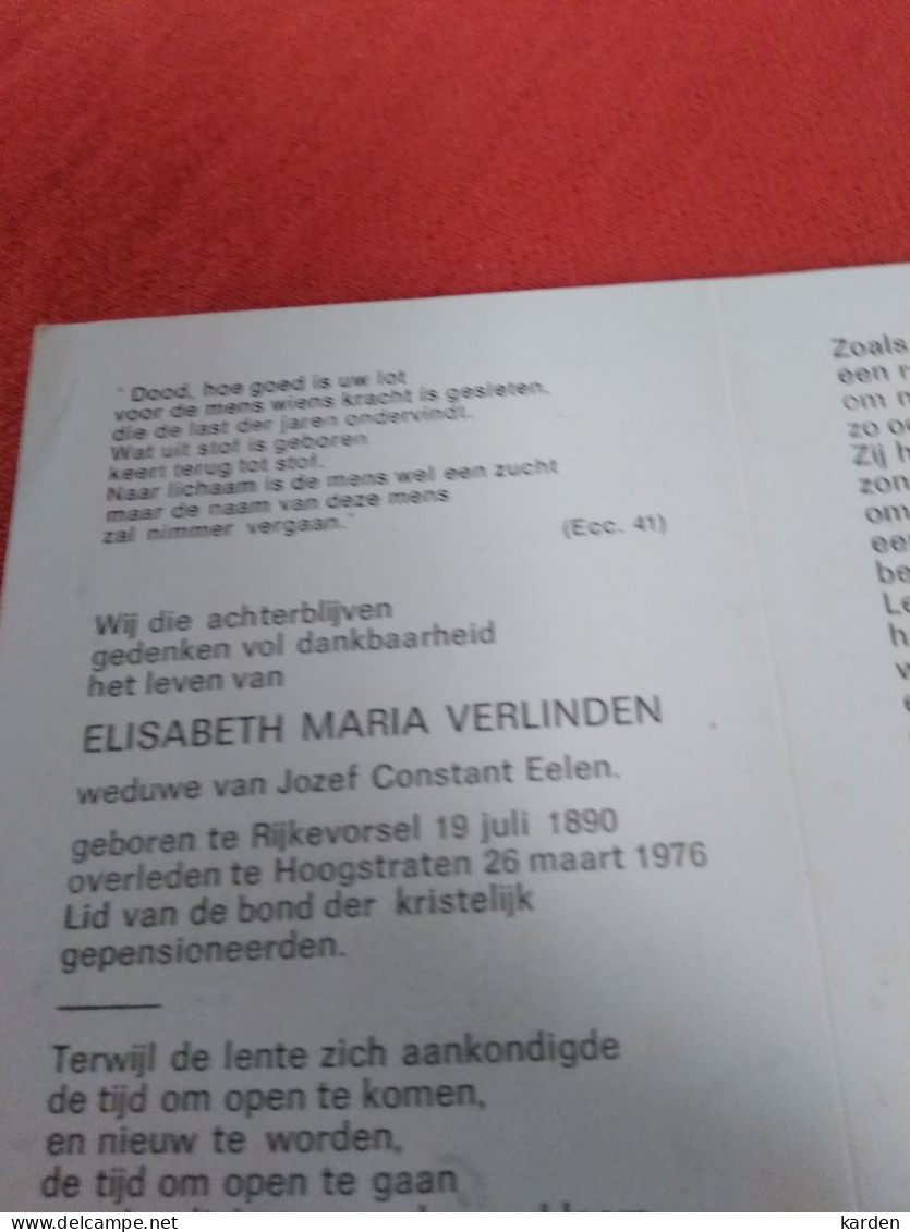 Doodsprentje Elisabeth Maria Verlinden / Rijkevorstel 19/7/1890 Hoogstraten 26/3/1976 ( Jozef Constant Eelen ) - Religion & Esotérisme