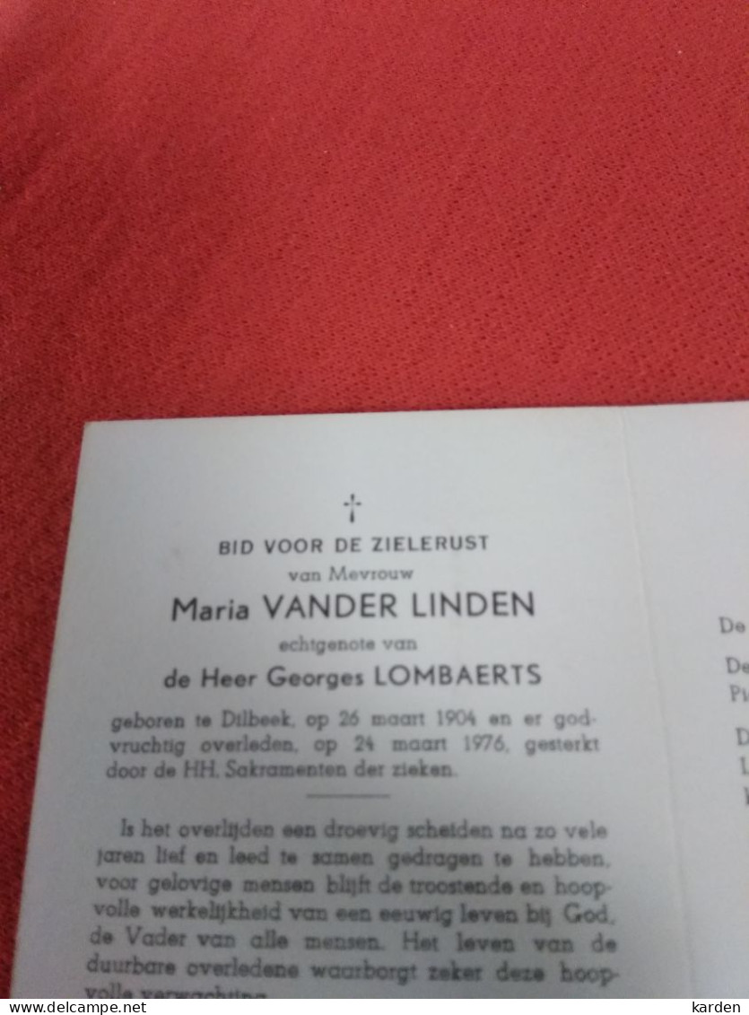 Doodsprentje Maria Vander Linden / Dilbeek 26/3/1904 - 24/3/1976 ( Georges Lombaerts ) - Religion & Esotérisme