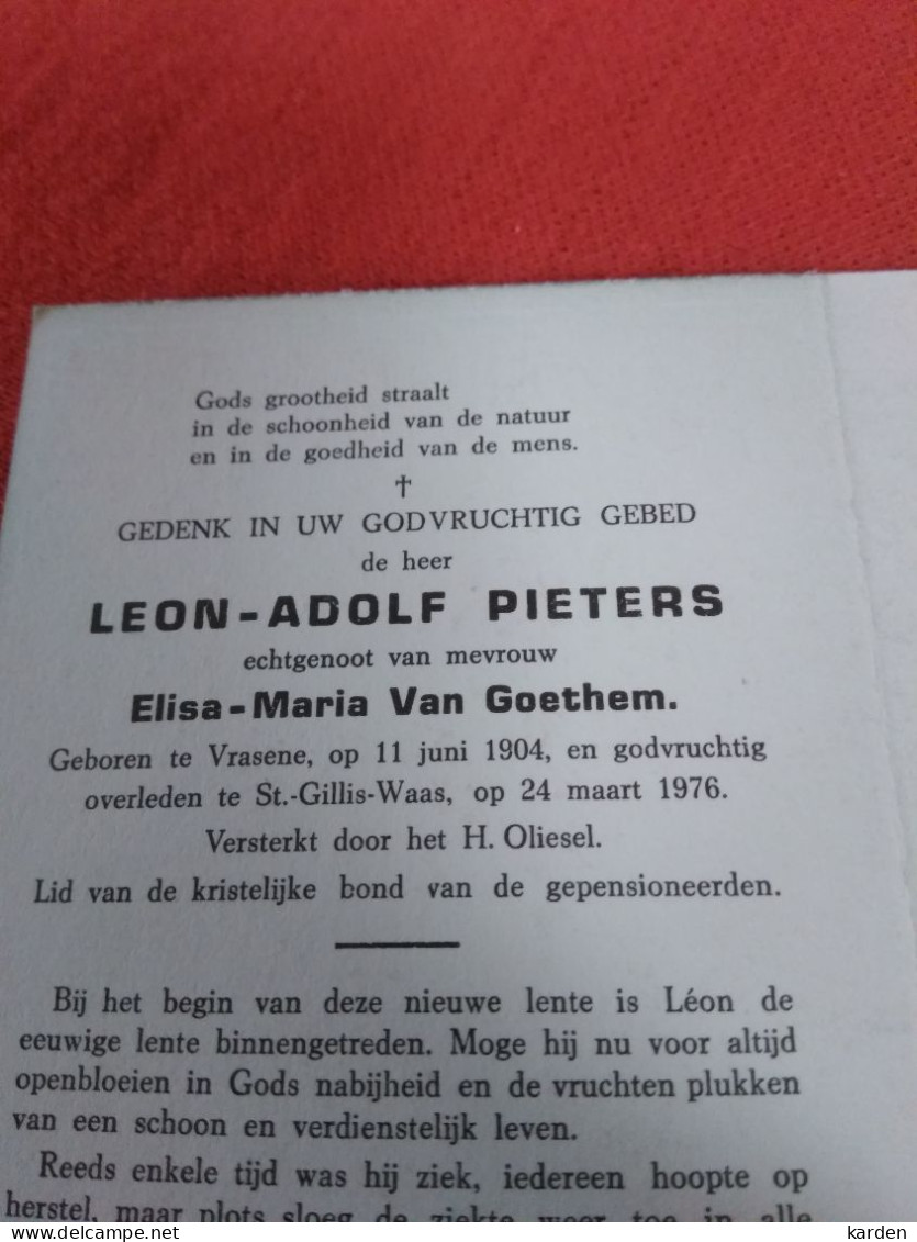 Doodsprentje Leon Adolf Pieters / Vrasene 11/6/1904 Sint Gillis Waas 24/3/1976 ( Elisa Maria Van Goethem ) - Religion & Esotérisme