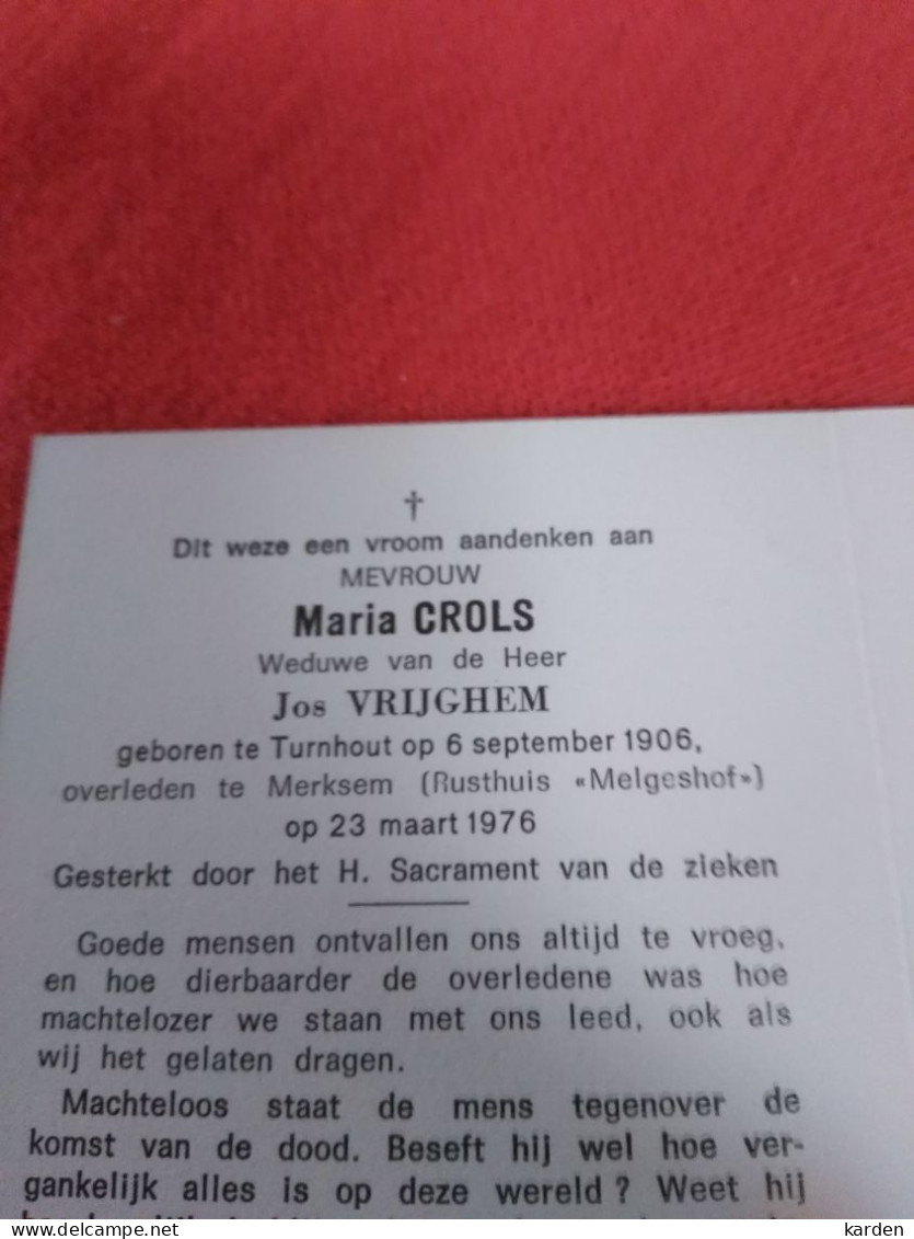 Doodsprentje Maria Crols / Turnhout 6/9/1906 Merksem 23/3/1976 ( Jos Vrijghem ) - Religion & Esotérisme