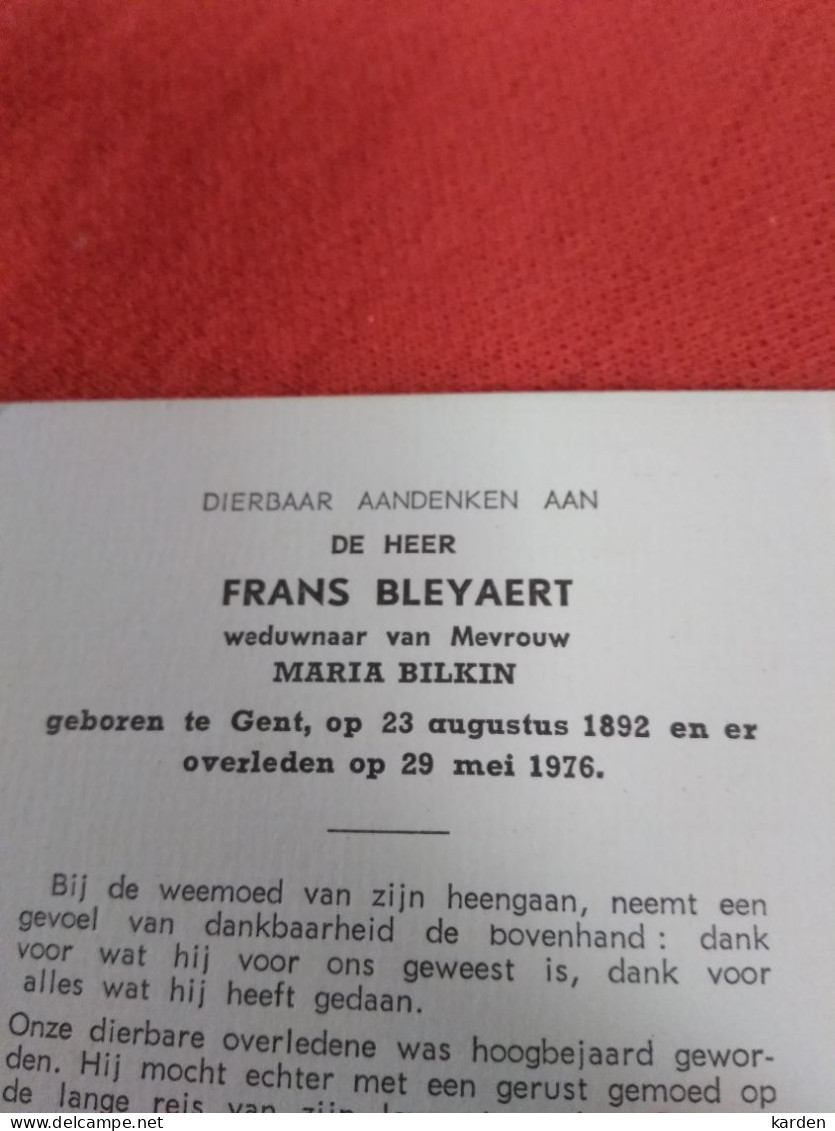 Doodsprentje Frans Bleyaert / Gent 23/8/1892 - 29/5/1976 ( Maria Bilkin ) - Religion & Esotérisme