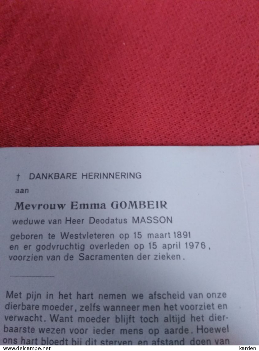 Doodsprentje Emma Gombeir / Westvleteren 15/3/1891 - 15/4/1976 ( Deodatus Masson ) - Religion & Esotérisme