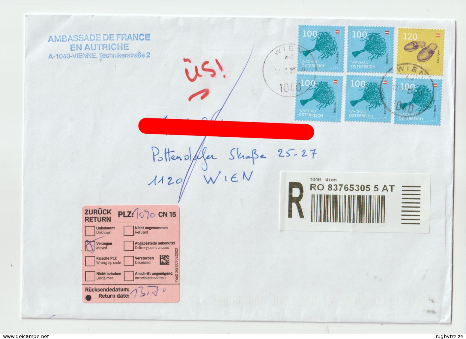 7535 Lettre Cover Registered Recommandé AUTRICHE AUSTRIA OSTERREICH PND RTS Return To Sender Ambassade - Lettres & Documents