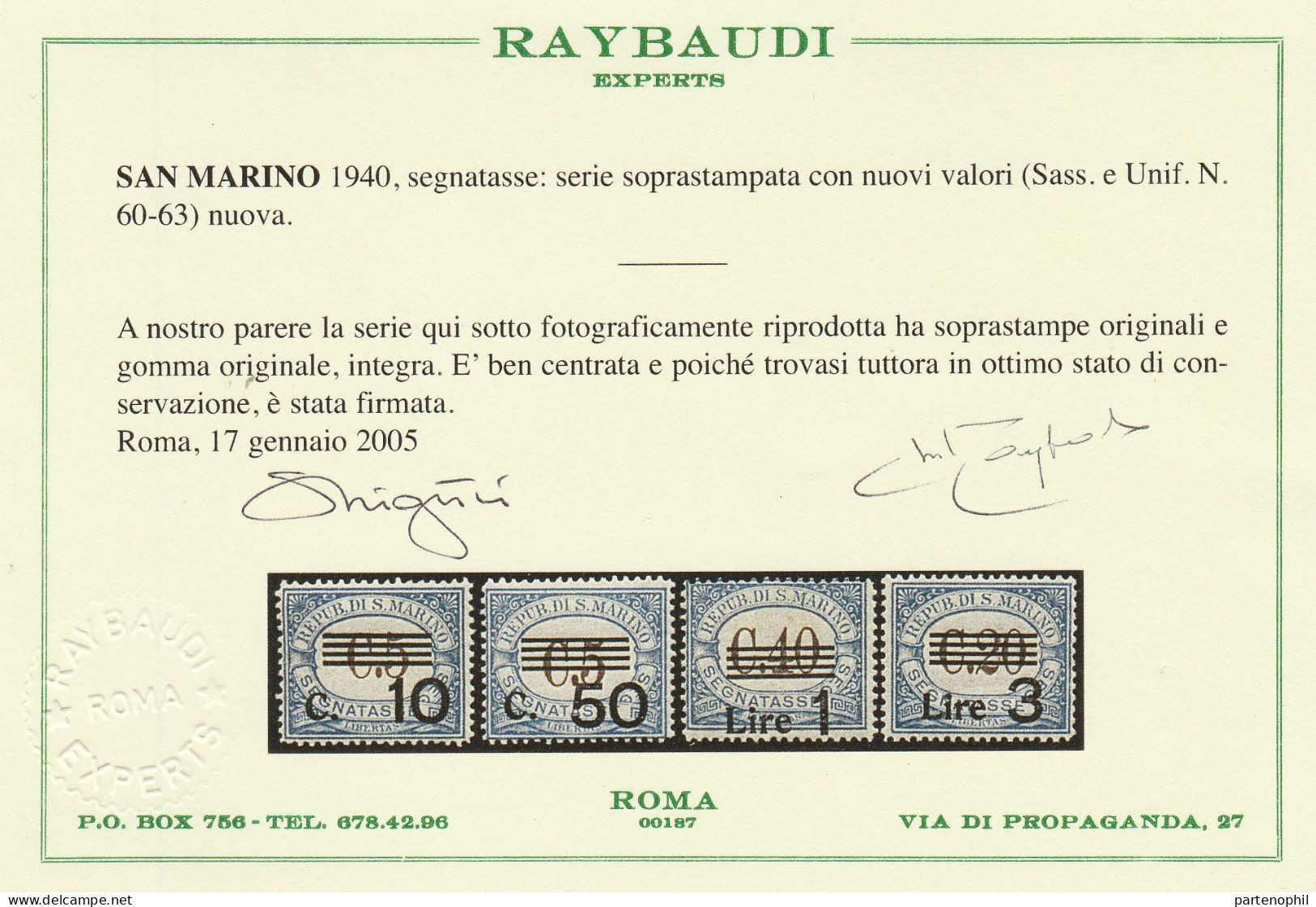 387 - San Marino - Segnatasse 1940 - Soprastampati N. 60/63. Cert. Raybaudi. Cat. € 175,00. MNH - Segnatasse