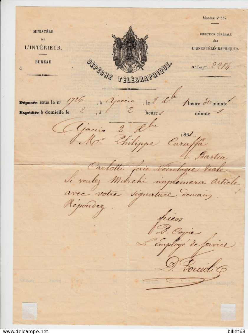 CORSE - BASTIA - DEPECHE TELEGRAPHIQUE - LIGNE TELEGRAPHIQUE 2284 - Le 2 Octobre 1861 - Télégraphes Et Téléphones