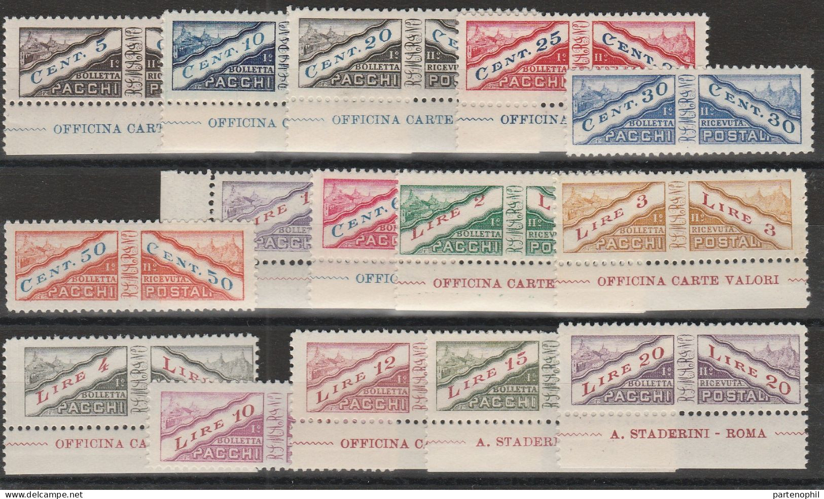 383 - San Marino - 1928 - Pacchi Postali Non Dentellati Al Centro N. 1/15. Cert. Carraro. Cat. € 250,00. MNH - Paketmarken