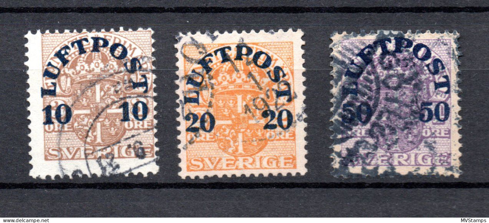 Sweden 1920 Old Set Overprinted Airmail Stamps (Michel 138/40) Used - Ongebruikt