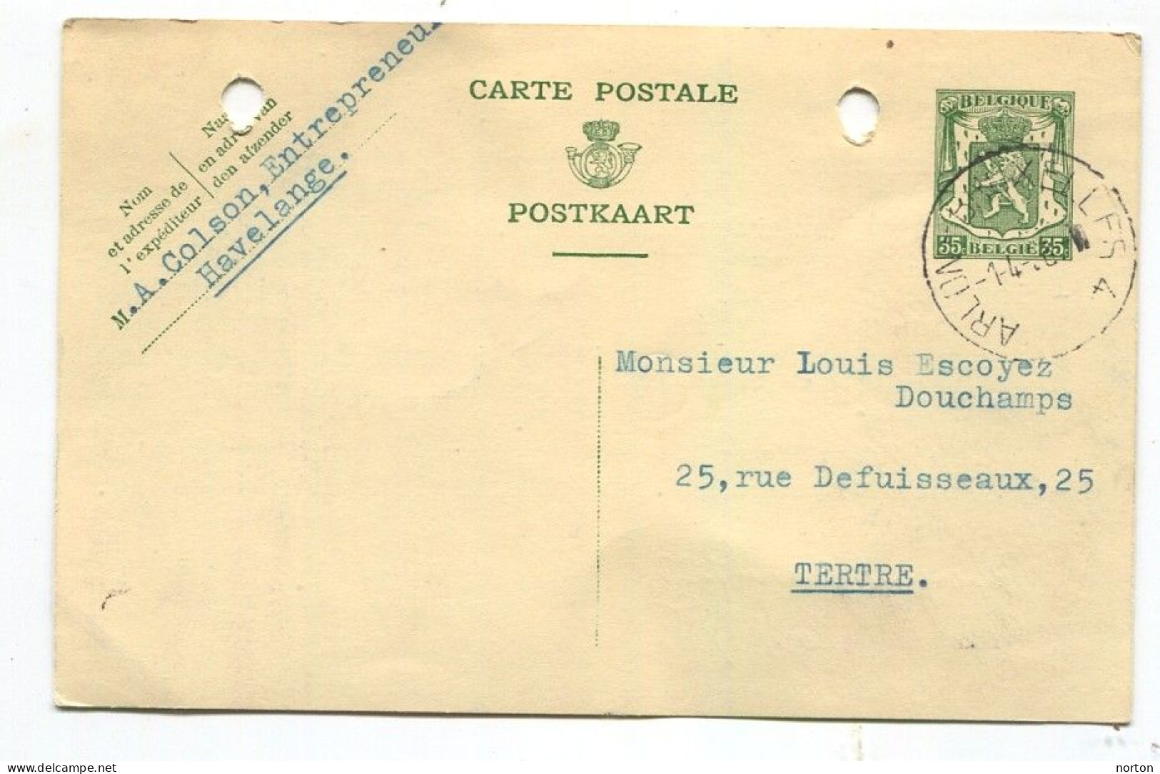 Entier Postal 1938 Ambulant Arlon - Bruxelles 4 - Ambulantes