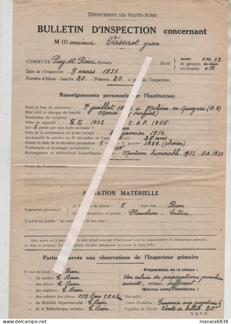 Bulletin D'inspection Vasserot Instituteur 1931 Puy Saint Pierre - Zonder Classificatie