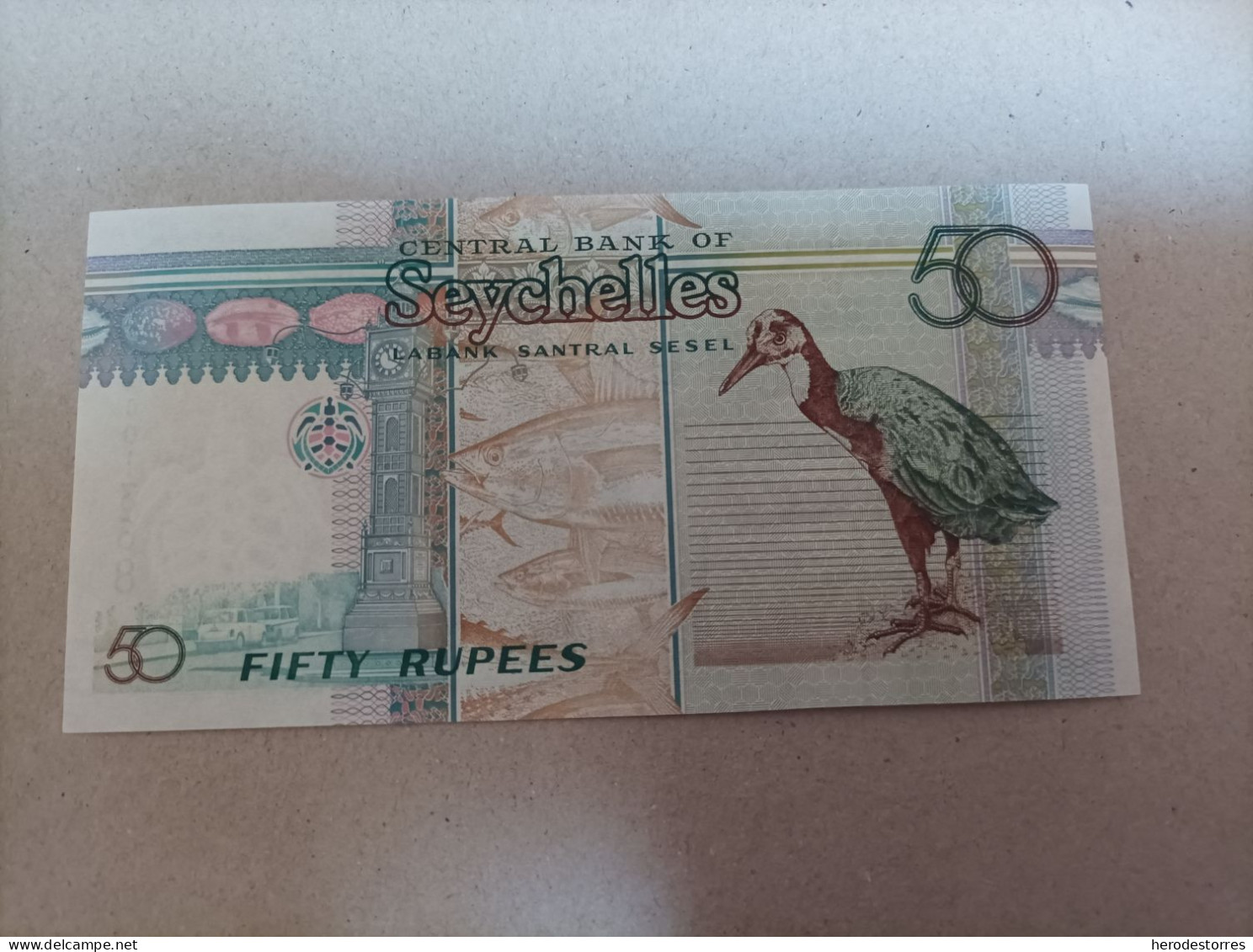 Billete Seychelles 50 Rupees, Nº Bajisimo, Serie A001368, Año 1998, UNC - Seychellen