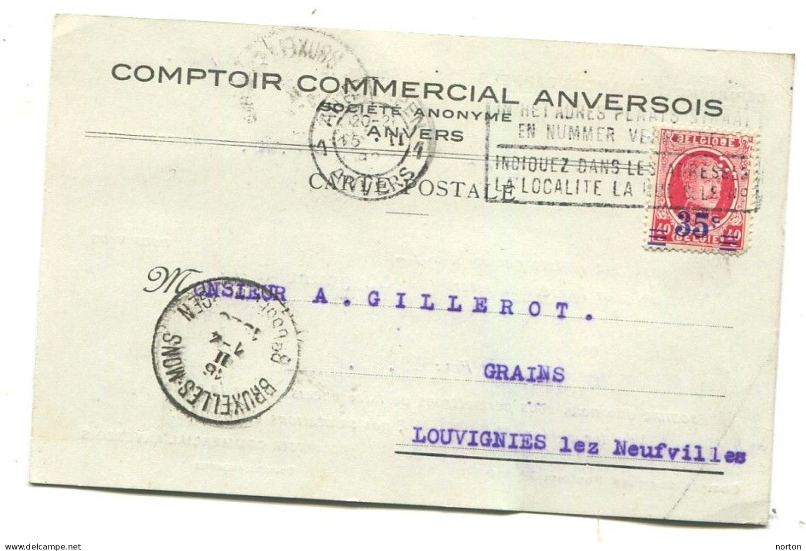 COB 247 Sur Carte Comptoir Commercial Anversois Antwerpen 1928 Ambulant Bruxelles - Mons 16/02/1928 - Ambulants