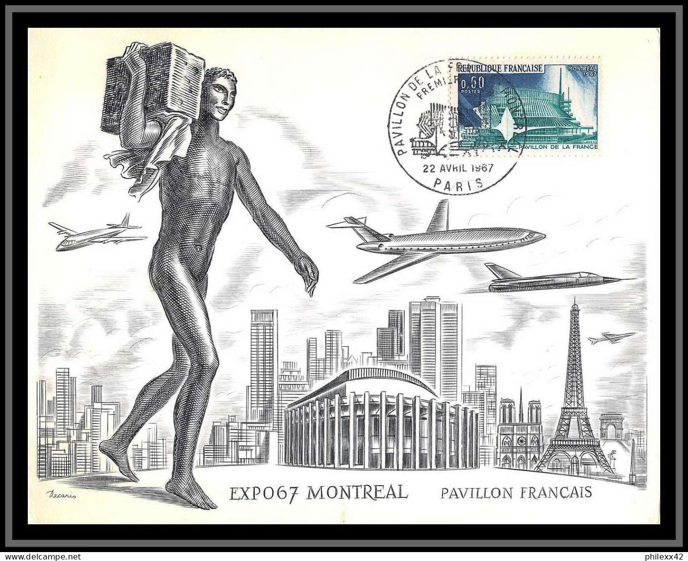 48406 N°1519 Exposition Universelle Montréal Canada Pavillon Français 1967 France Carte Maximum Fdc Munier Decaris  - 1967 – Montreal (Kanada)