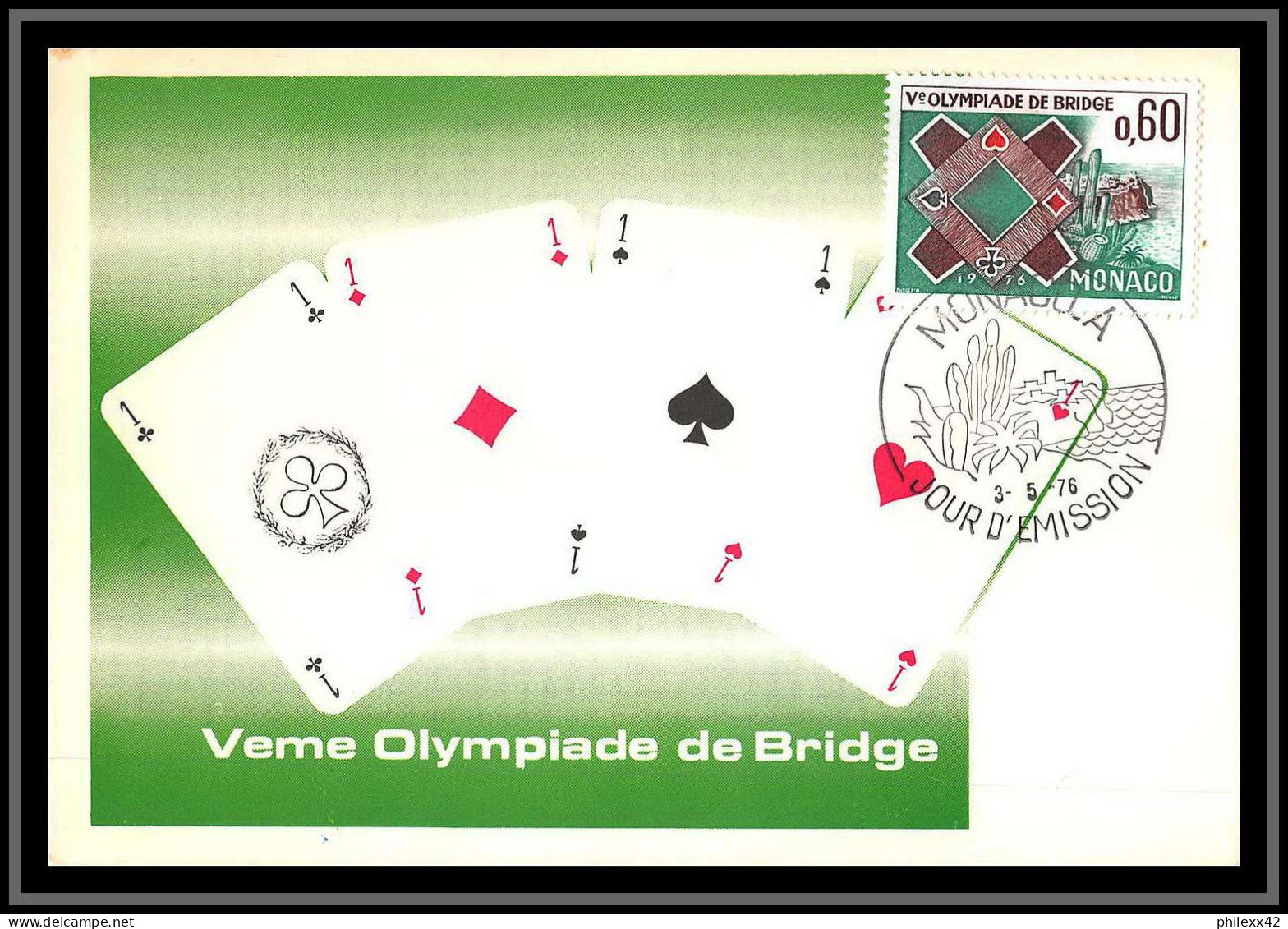 49055 N°1052 5ème Olympiade De Bridge De Monte-Carlo Cartes à Jouer 1976 Monaco Carte Maximum (card) édition CEF - Zonder Classificatie