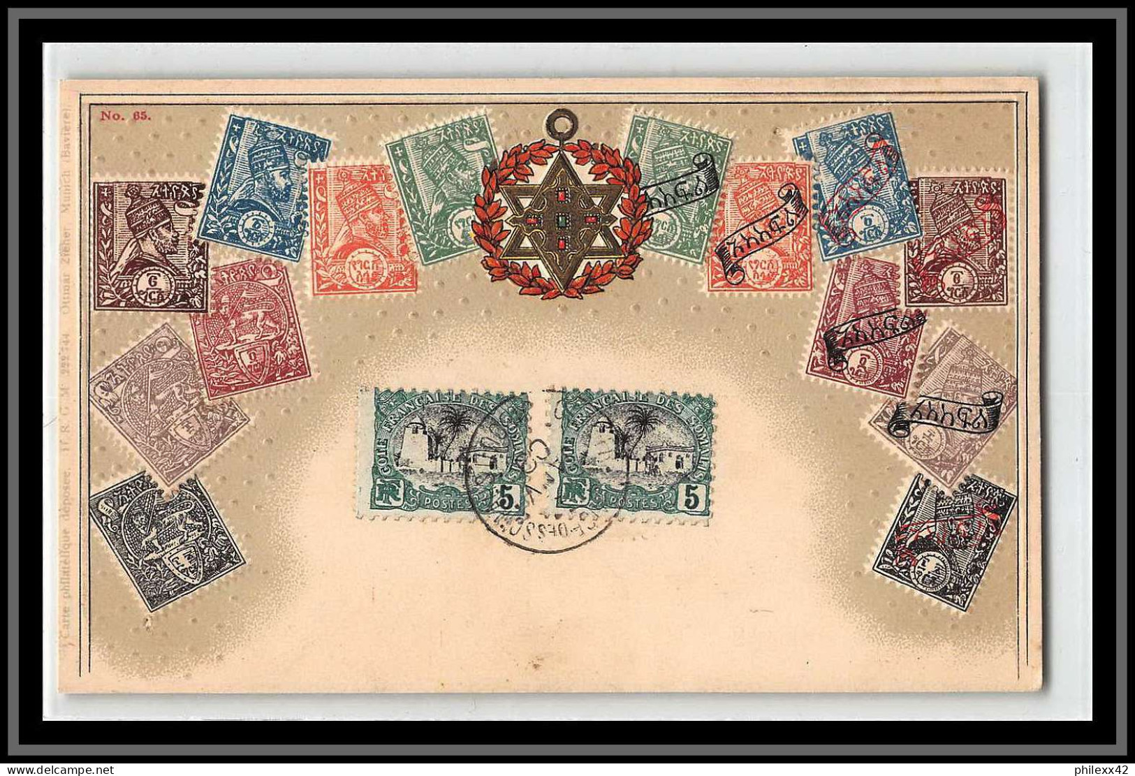 49169 N°53 1909 Cote Des Somalis Timbres N°65 ETHIOPIE ETHIOPIA Carte Postale Embossée Gaufrée Hankow China - Covers & Documents