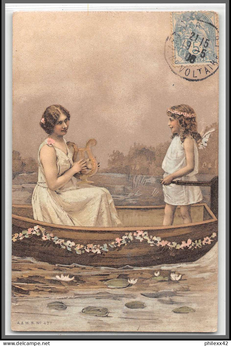 49495 N°111 Blanc 1906 Paris France Ange Et Femme Lyre Barque Angelot Carte Maximum (card) - ...-1929