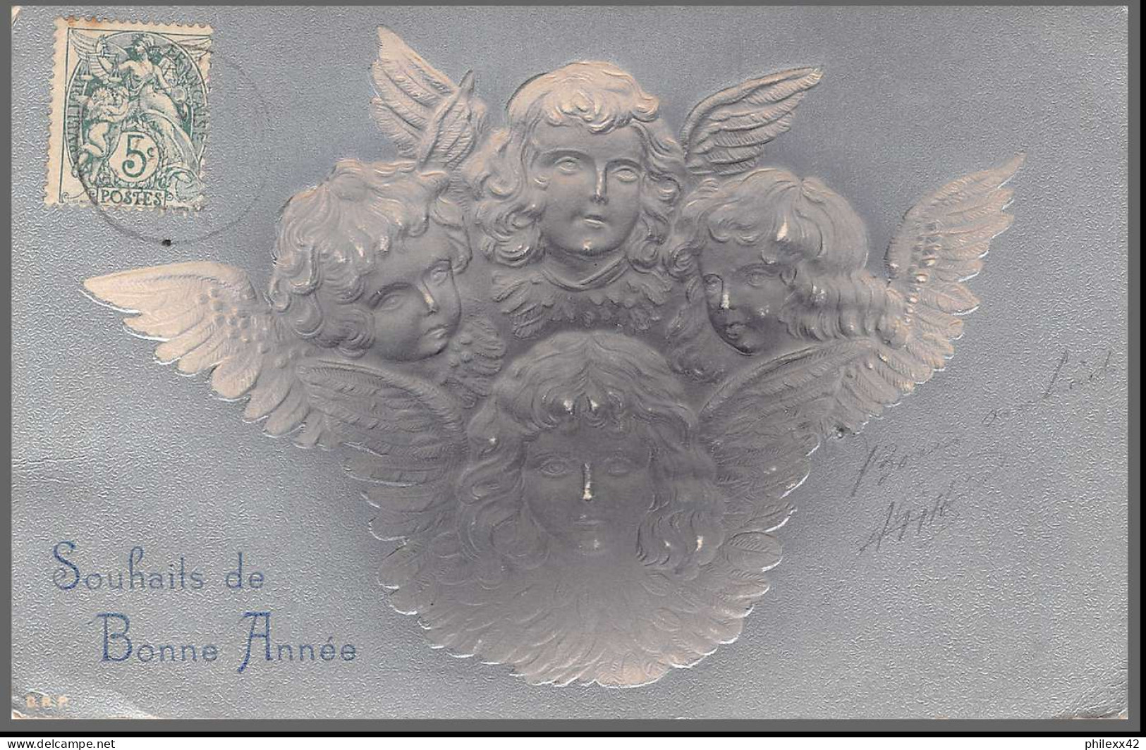 49508 N°111 Blanc Souhaits De Bonne Année 1903 France Ange Anges Angelot Carte Maximum (card) Timbres Gaufrée Embossée - ...-1929