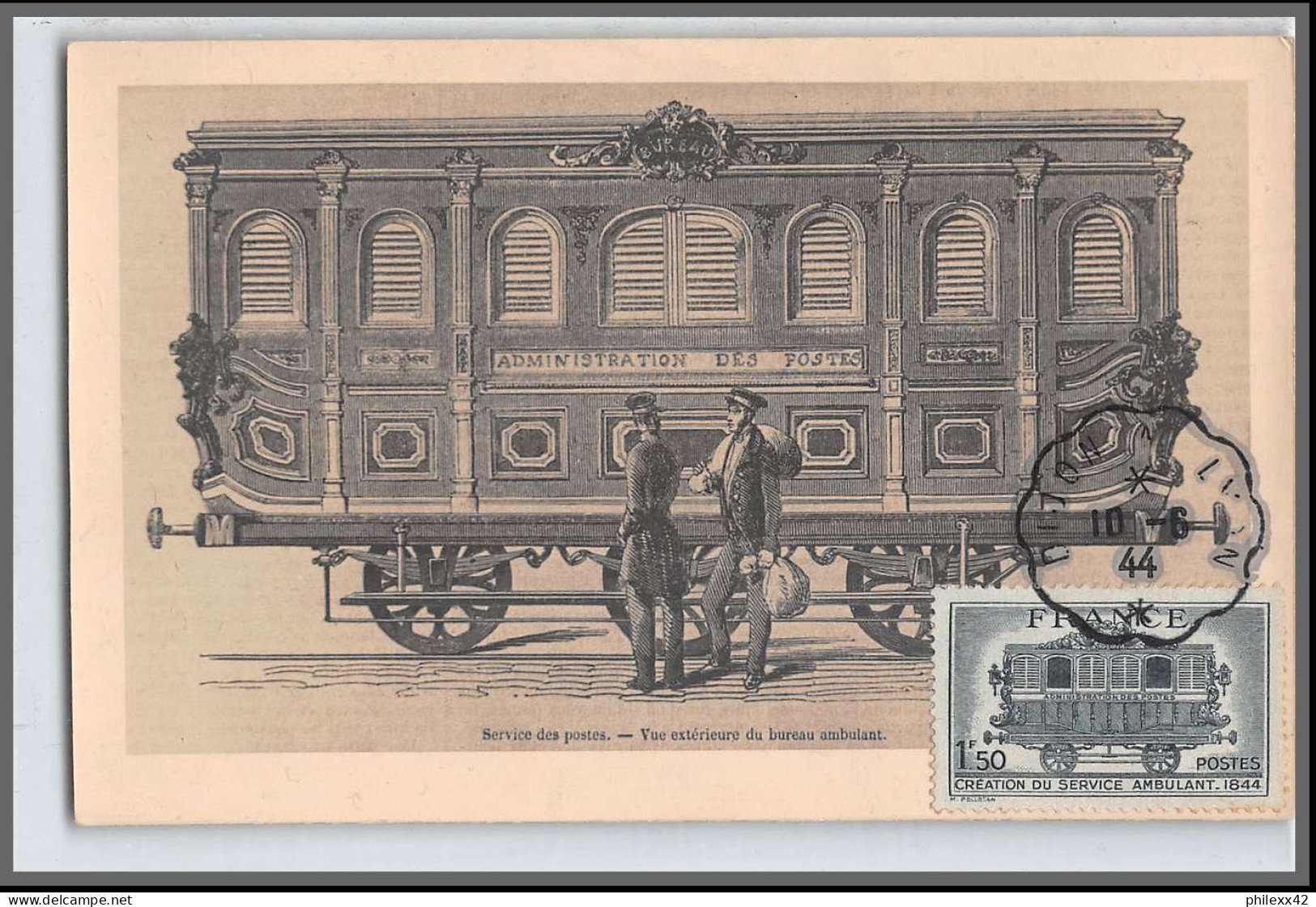 49874 Fdc N°609 Service Postal Cachet Ambulant Convoyeur Train 10/6/1944 France Carte Maximum (card) - ....-1949