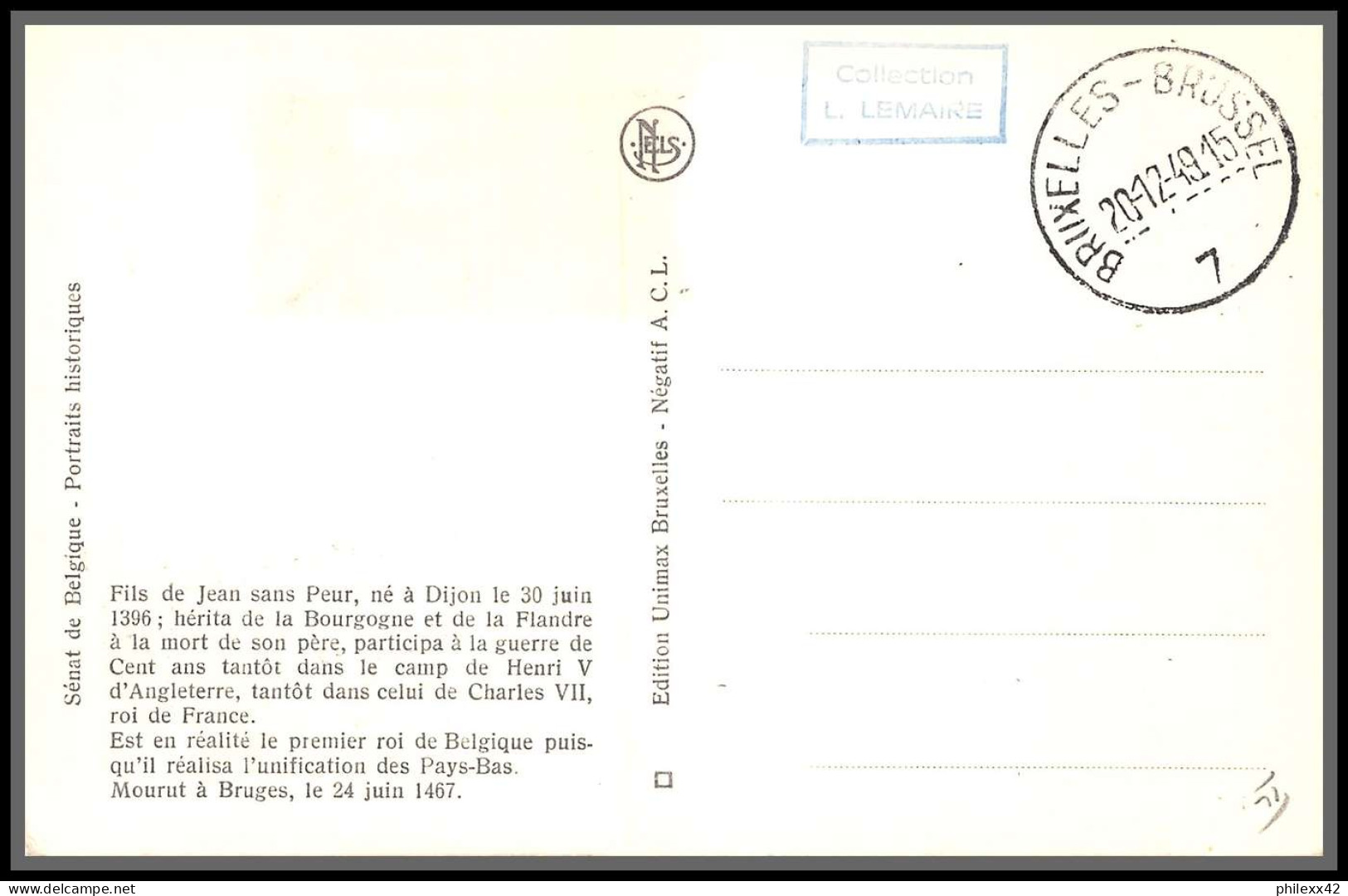 56710 N°818 Philippe Le Bon 20/12/1949 Belgique Carte Maximum (card) Fdc édition Inimax Collection Lemaire - 1934-1951