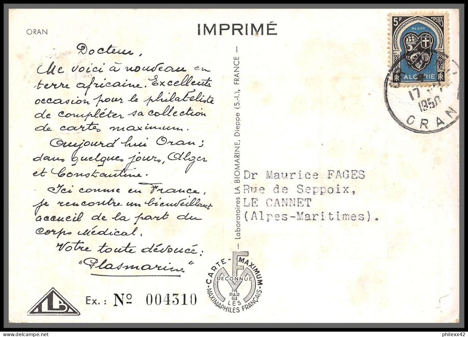 56764 N°256 Blason Armoirie Oran 1950 Algérie Carte Maximum (card) édition Biomarine - Cartes-maximum