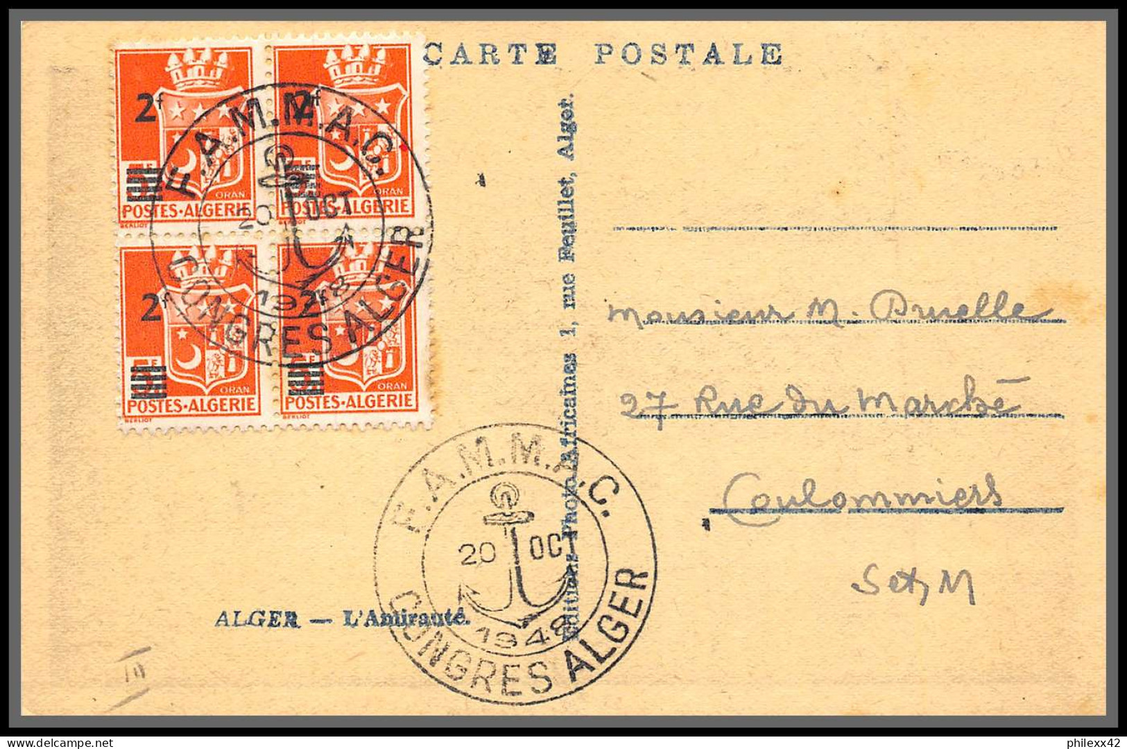 56771 N°105 Amirauté D'alger Cad Flammac 20/10/1942 Algérie Carte Maximum (card) édition Africaines - Cartes-maximum