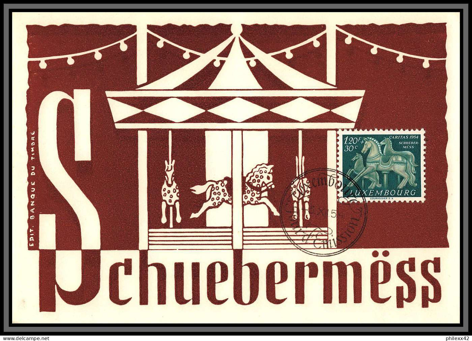 56842 N°486 Cheval Horse Schuebermess Luxembourg Carte Maximum (card) Fdc édition Fdc édition 1954 - Maximumkarten