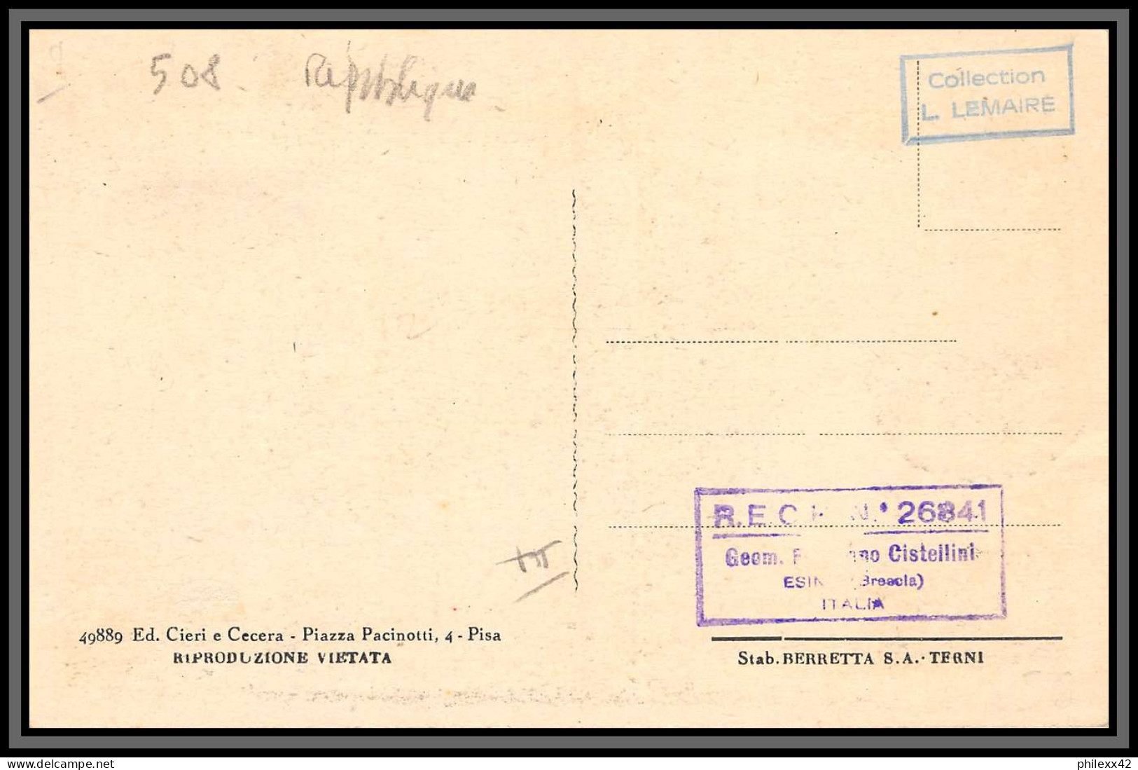 56986 N°508 Pisa Campanile Campanile Pise 7/7/1947 Italia Italie Italy Carte Maximum (card) Collection Lemaire Berretta - Maximum Cards