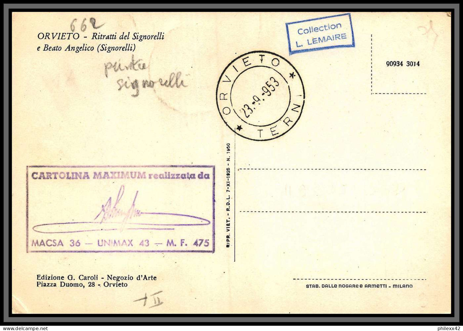 56993 N°662 Luca Signorelli 1953 Tableau (Painting) Italia Italie Italy Carte Maximum (card) Collection Lemaire - Maximum Cards