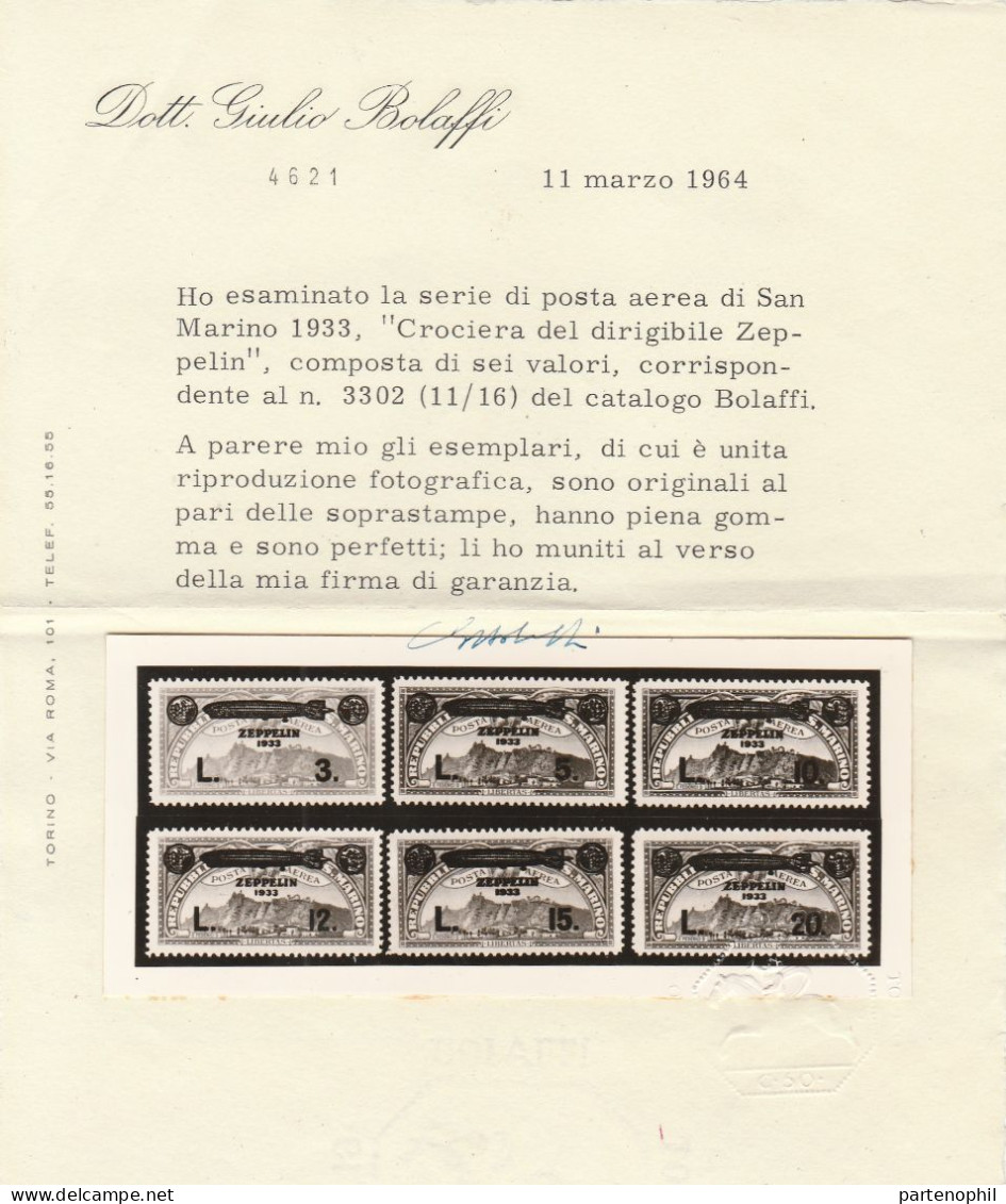 369 - San Marino - 1933 - Crociera Zeppelin N. 11/16. Cert. Bolaffi. Cat. € 600,00. MNH - Luftpost