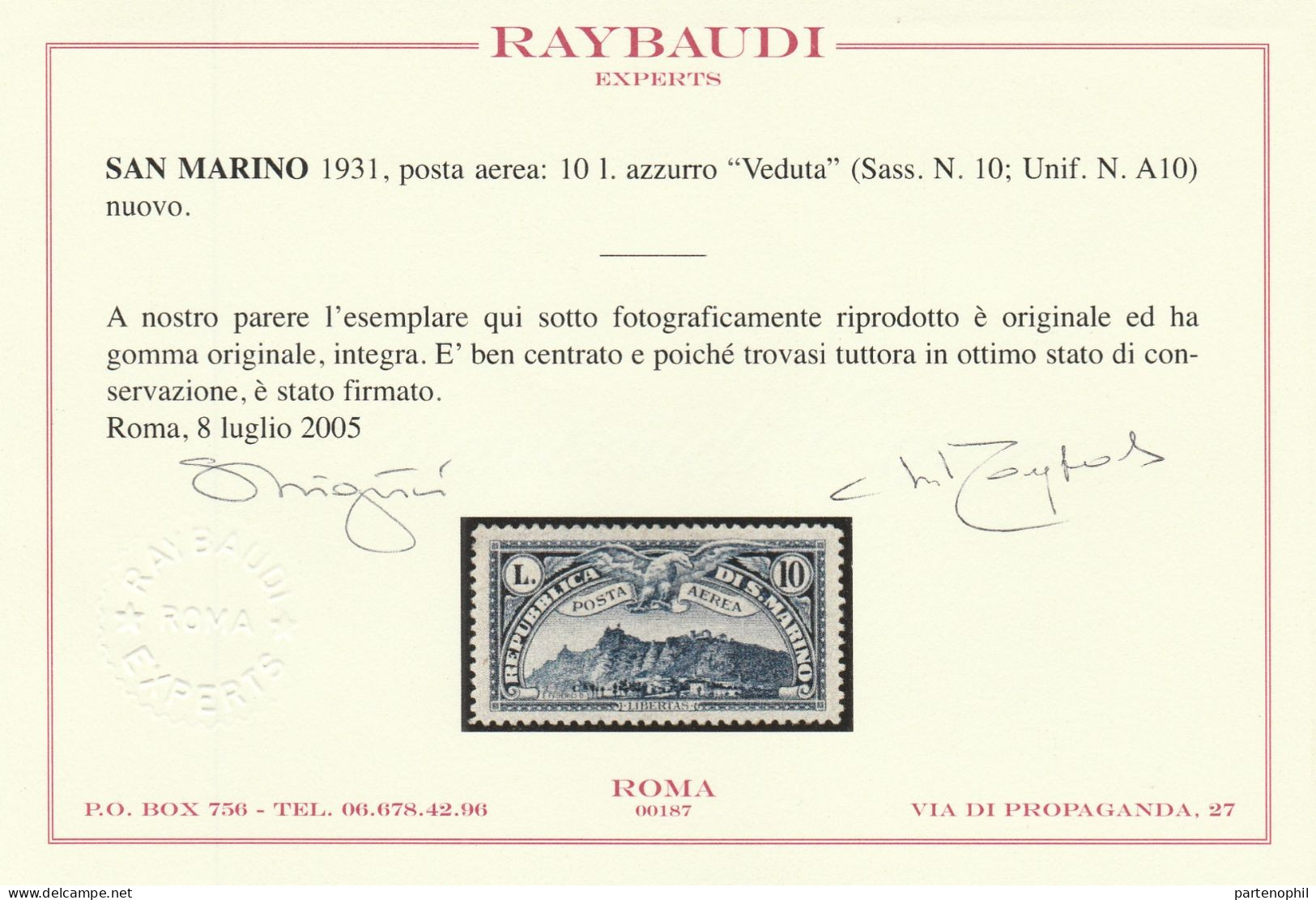 368 - San Marino - 1931 - Veduta Di San Marino N. 1/10. Cert. Raybaudi. Cat. € 2000,00. MNH - Luftpost
