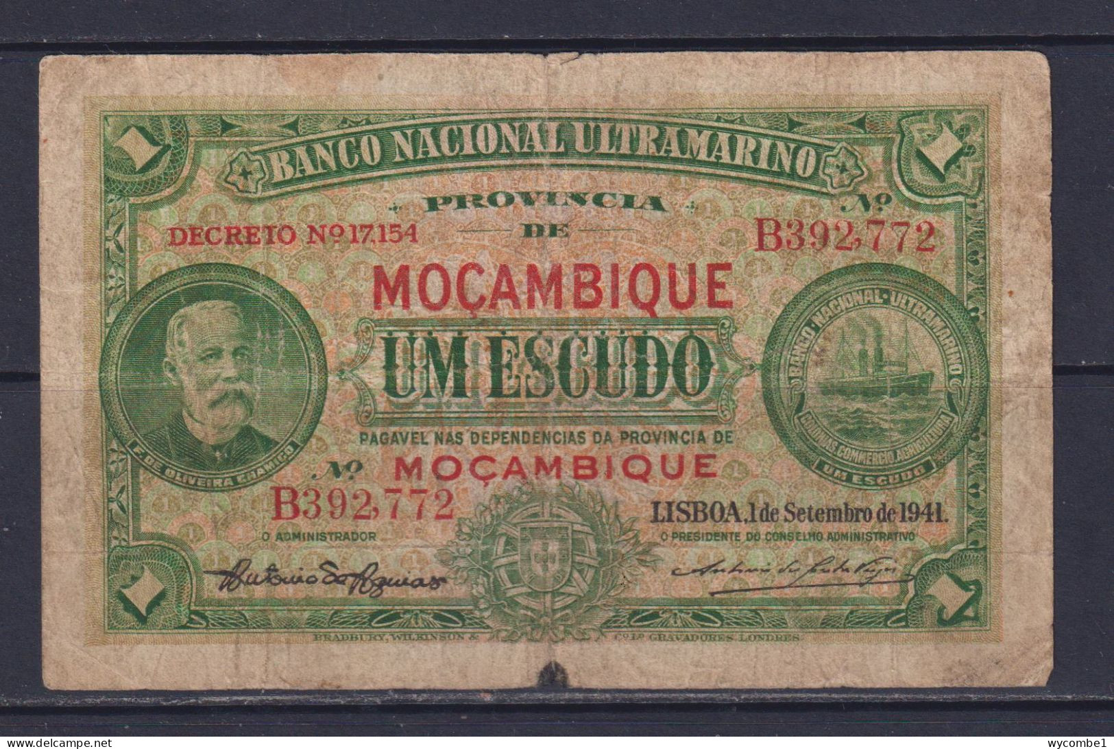 MOZAMBIQUE  - 1941 1 Escudo Circulated Banknote As Scans - Mozambique