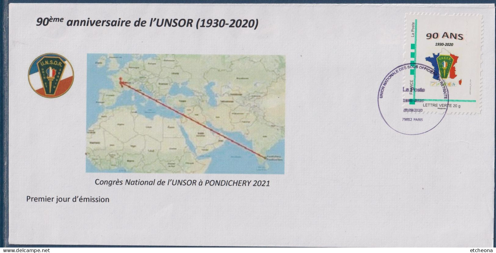 90 Ans Union Nationale Des Sous Officiers En Retraite UNSOR Enveloppe TVP LV Adhésif 1er Jour 20.09.20 à Pondichéry - Lettres & Documents