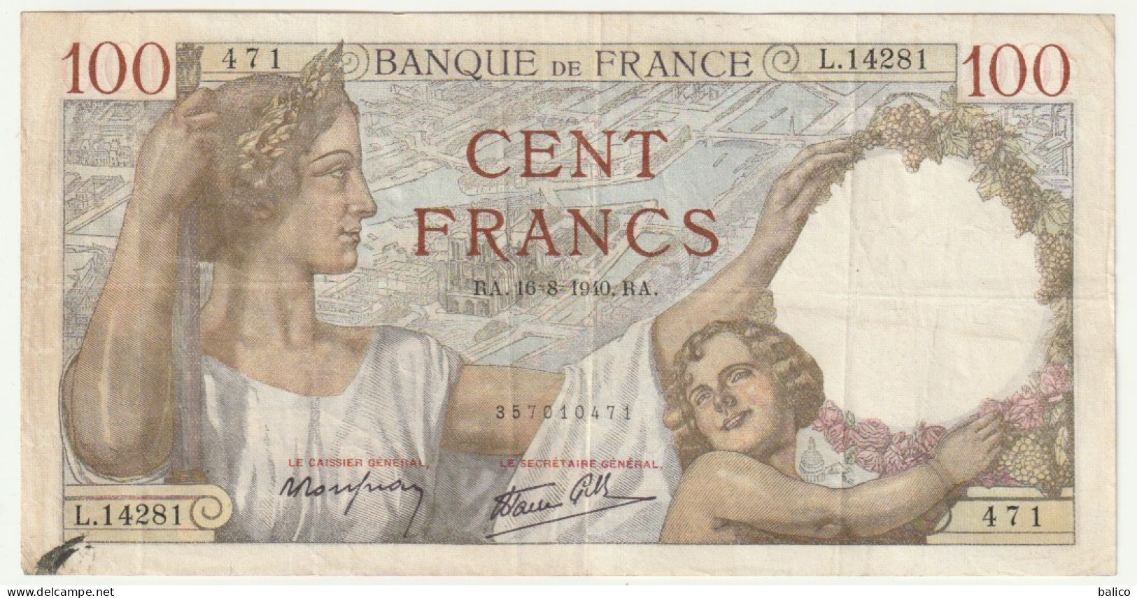 Billet 100 Francs SULLY - 16-8-1940 N° L.14281/471 - 100 F 1939-1942 ''Sully''