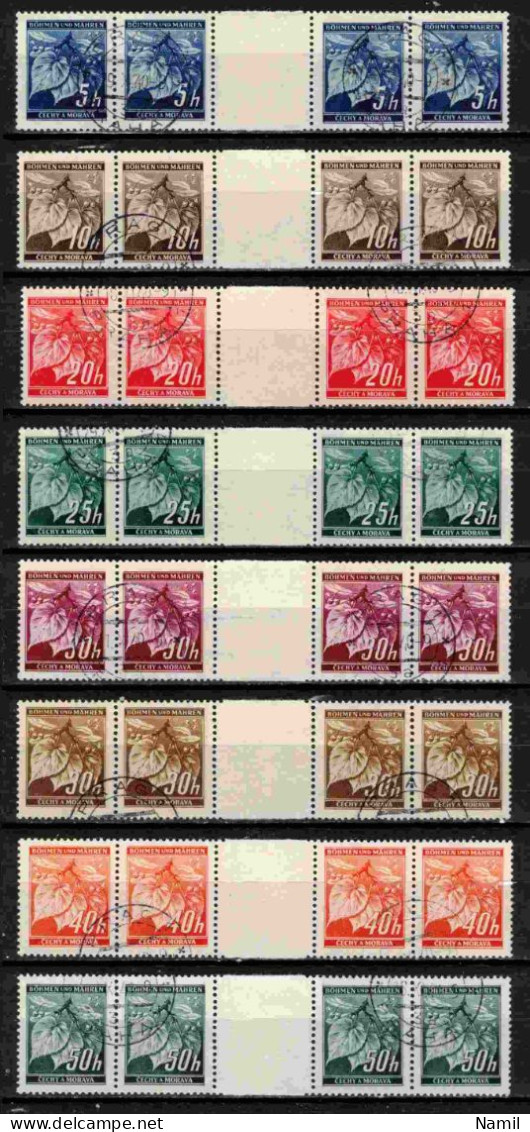 Boheme Et Moravie 1939 Mi 20-2+24+38+55+64 ZW (Yv 20-22+24+41-3), Obliteré, Bande De 4 Avec Interpaneau - Used Stamps