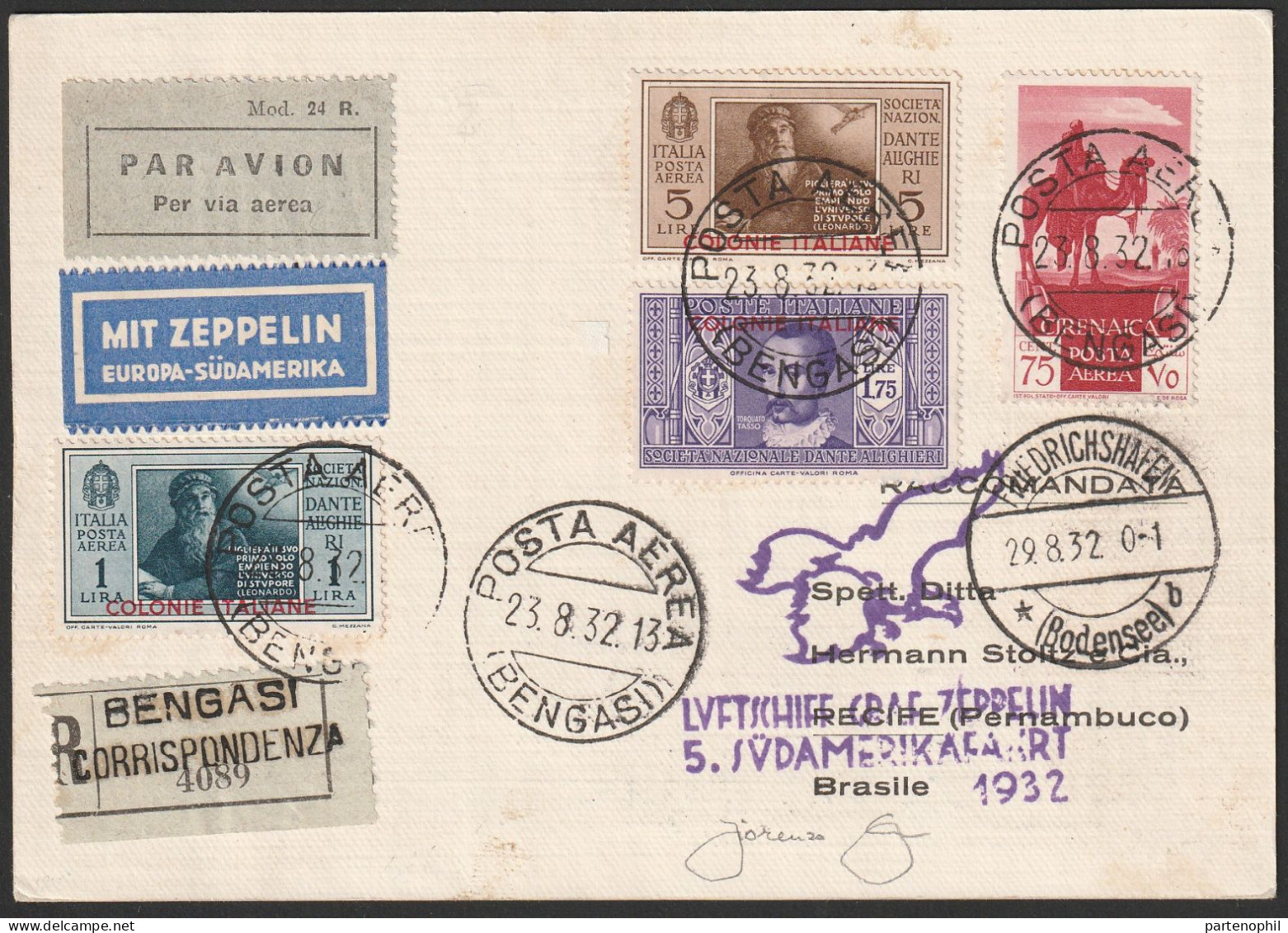 354 - V SAF - Cirenaica - Cartolina Raccomandata Da Bengasi Del 23.8.1932 Diretta In Brasile Con Affrancatura Fronte-ret - Cirenaica