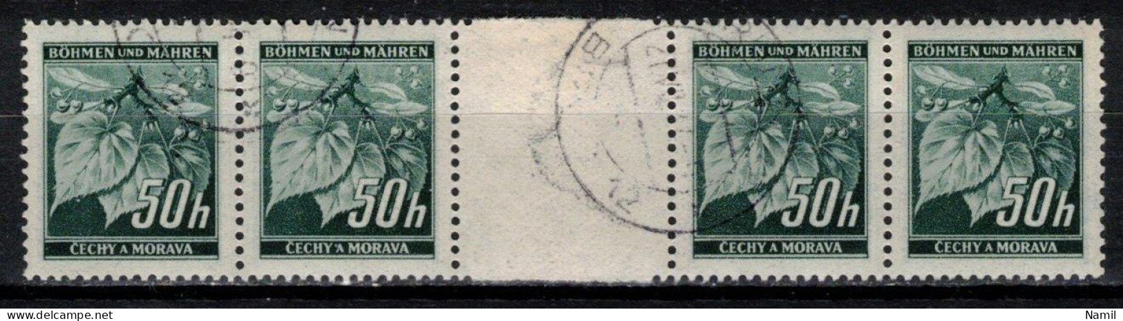 Boheme Et Moravie 1940 Mi 55 ZW (Yv 43), Obliteré, Bande De 4 Avec Interpaneau - Used Stamps