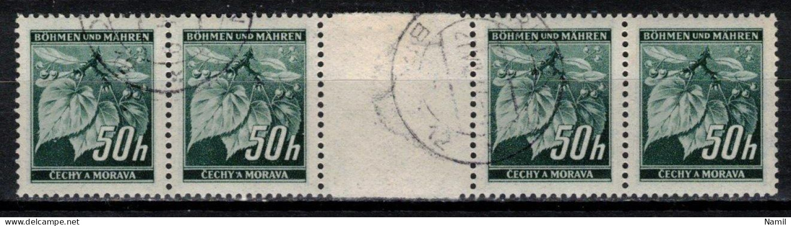 Boheme Et Moravie 1940 Mi 55 ZW (Yv 43), Obliteré, Bande De 4 Avec Interpaneau - Usati