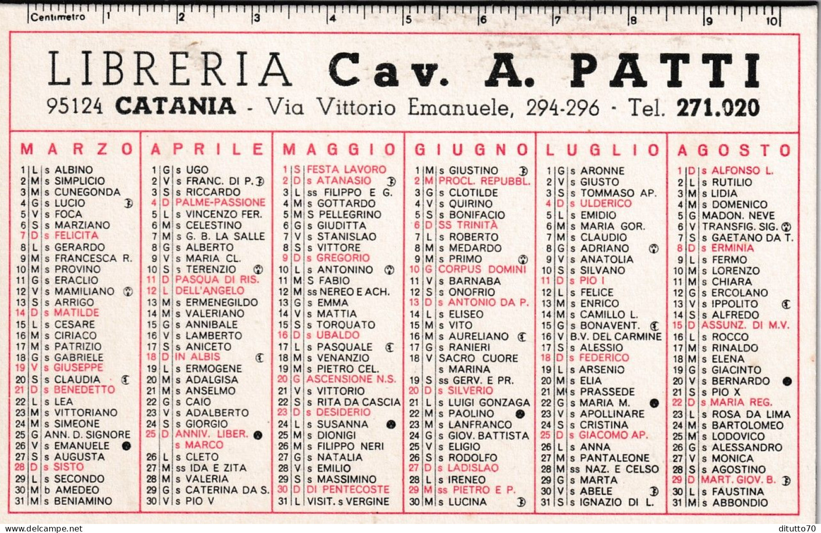 Calendarietto - Libreria - Cav. A.patti - Catania - Anno 1970 - Petit Format : 1961-70