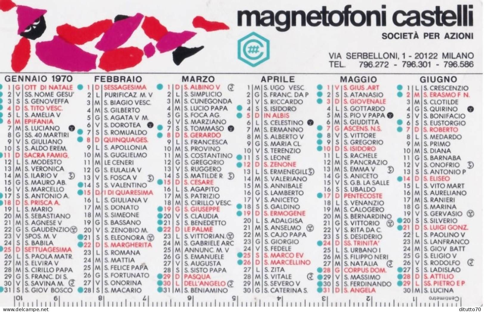 Calendarietto - Magnetofoni Castelli - Società Per Azioni - Milano - Anno 1970 - Kleinformat : 1961-70