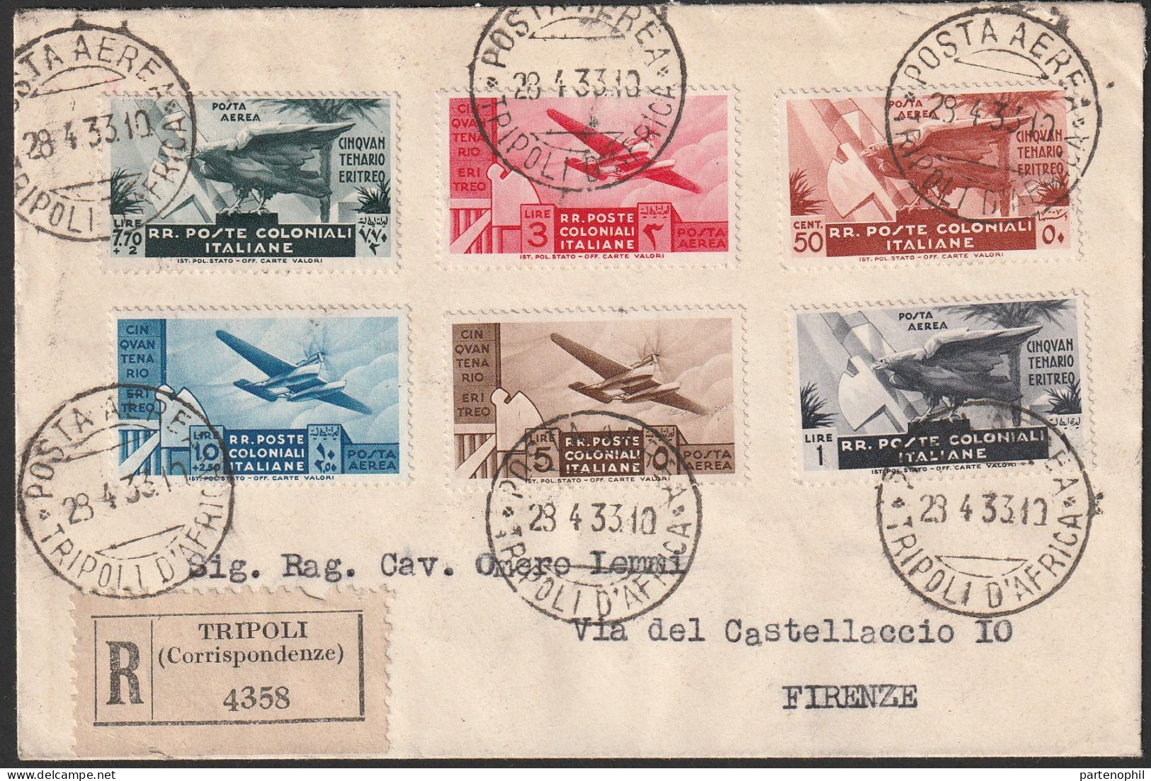 345 - 1933 - Cinquantenario Eritreo, La Serie Completa Su Quattro Diversi Aerogrammi Da Tripoli N. 23/31+A15/A21. Annull - Emissions Générales