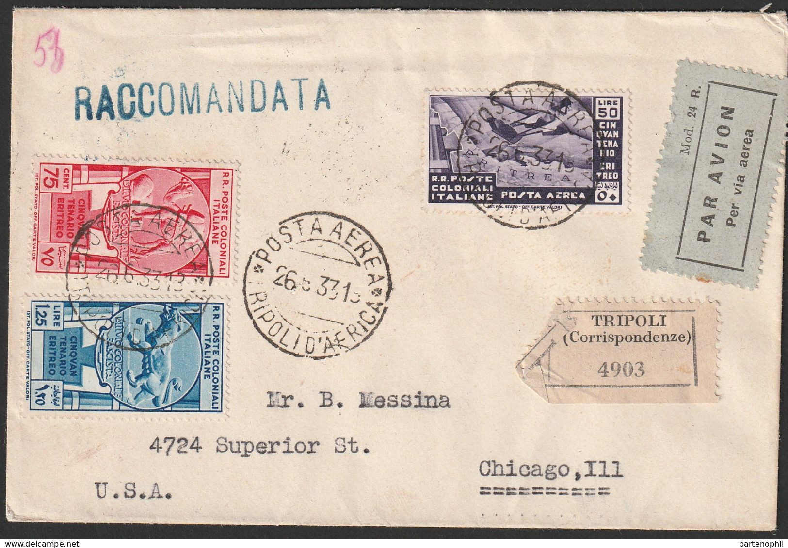 345 - 1933 - Cinquantenario Eritreo, La Serie Completa Su Quattro Diversi Aerogrammi Da Tripoli N. 23/31+A15/A21. Annull - Amtliche Ausgaben