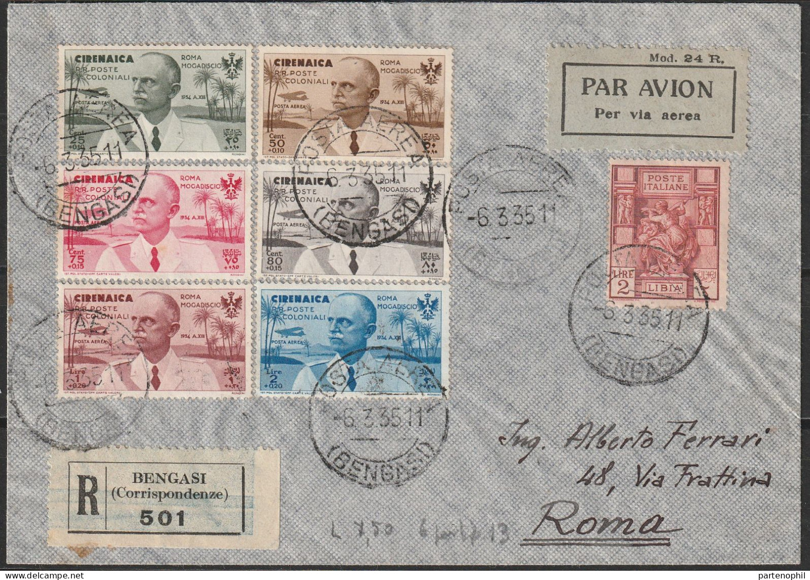 344 - 1935 - Raccomandata Da Bengasi Per Roma, Affrancata Con La Serie Volo Roma-Mogadiscio, 25c., 50c., 75c, 80c. 1 L. - Cirenaica
