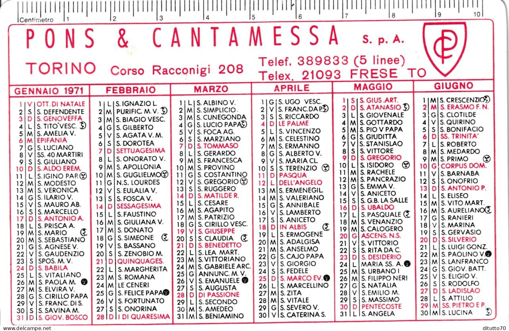 Calendarietto - Pons E Cantamessa - Freste - Torino - Anno 1971 - Kleinformat : 1961-70