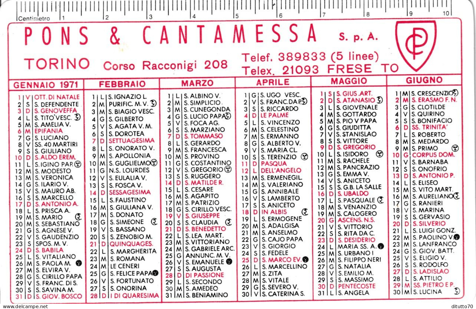 Calendarietto - Pons E Cantamessa - Freste - Torino - Anno 1971 - Petit Format : 1961-70