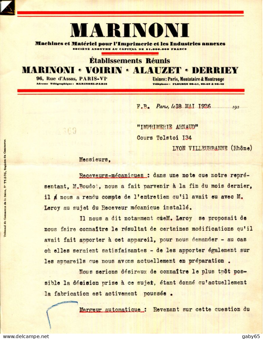 FACTURE.PARIS.MONTATAIRE.MONTROUGE.MACHINES & MATÉRIEL POUR L'IMPRIMERIE.MARIONI 96 RUE D'ASSAS. - Drukkerij & Papieren