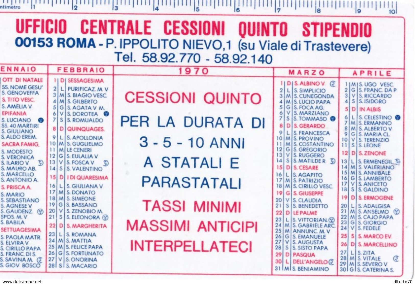 Calendarietto - Ufficio Centrale Cessione Quinto Stipendio - Roma - Anno 1970 - Klein Formaat: 1961-70